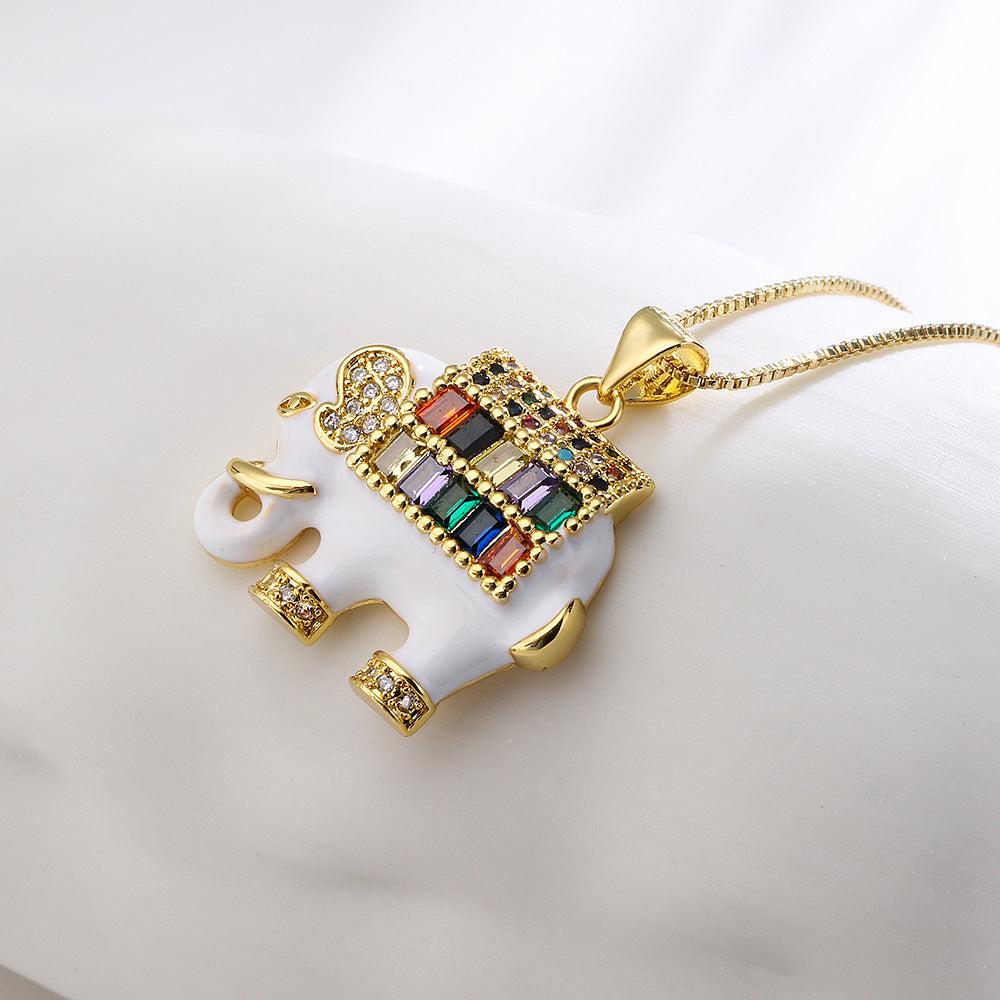 Minimalist Elephant-Shaped Enamel Pendant Necklace for Women with Brass Base and Mixed-Color Zircon Inlay