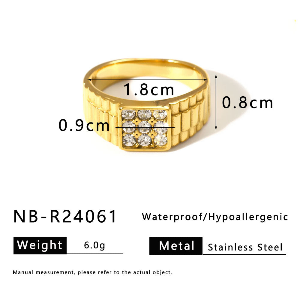 Anello geometrico minimalista da donna in acciaio inossidabile con intarsio di strass e placcatura sottovuoto in oro 18 carati