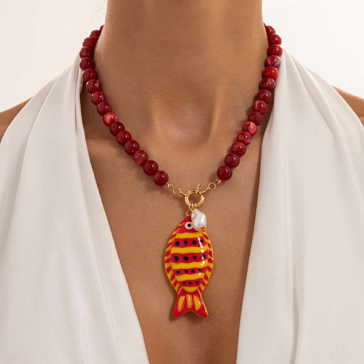 Sweet Casual Acrylic Fish Pendant Necklace Colorful Beaded Chain Women's Jewelry