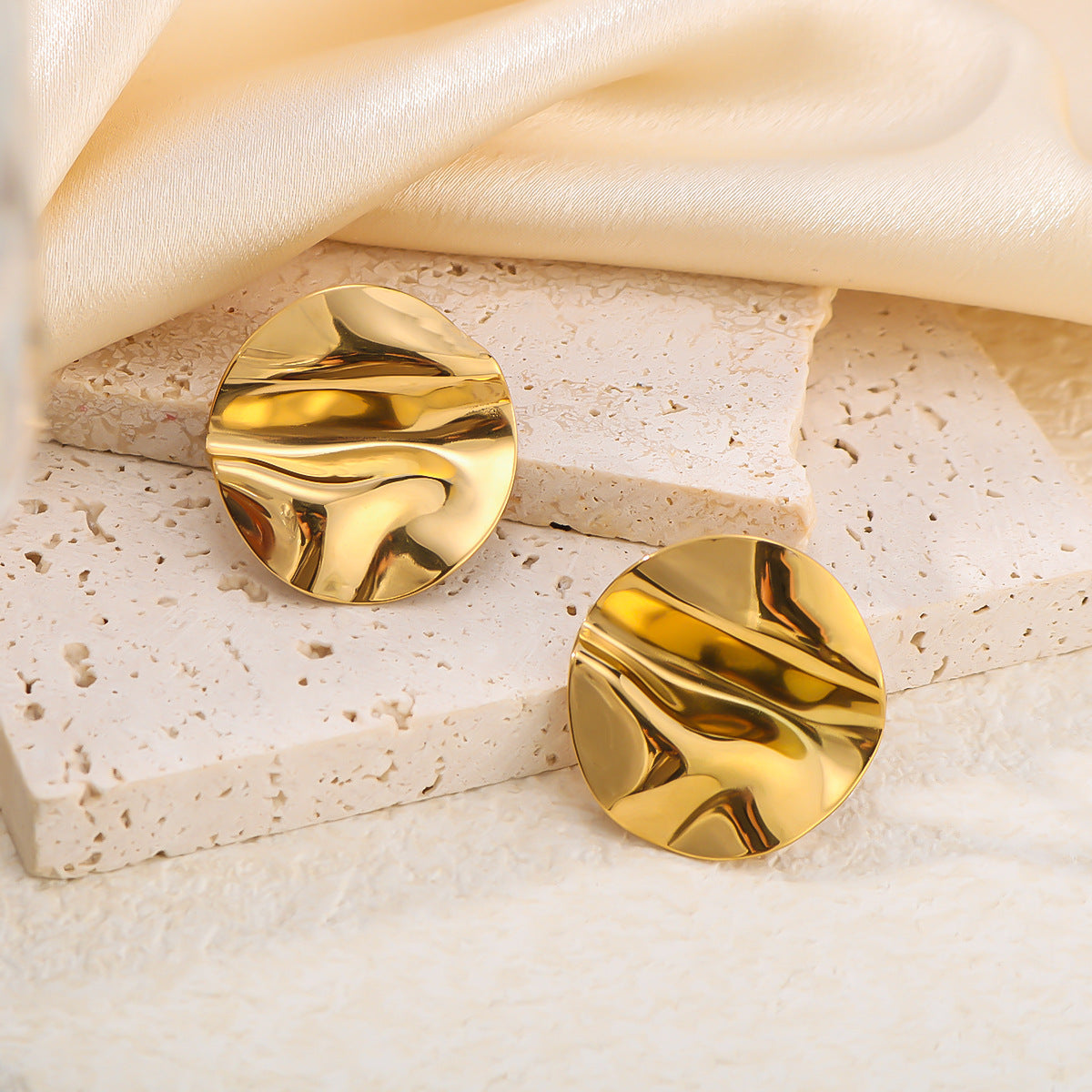 Irregular Ruffled Leaf-Shaped Stainless Steel Earrings with 18K Gold Plating for Women
