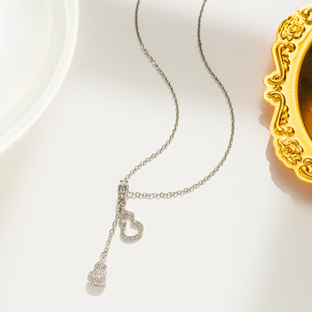 Minimalist Geometric Gourd Pendant Necklace in Titanium Steel with Rhinestone Inlay, Electroplated Round Bead Chain