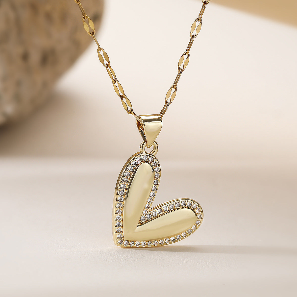 Minimalist Gold Plated Brass Heart Pendant Necklace with Cubic Zirconia for Women