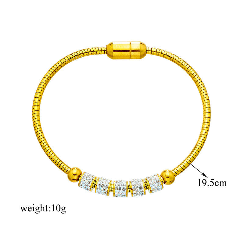 Minimalist Titanium Steel Bracelet with Magnetic Clasp and Rhinestone Accents for Women