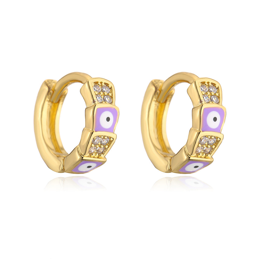 Minimalist Geometric Copper Earrings with Real Gold Plating and Enamel Eye Detail