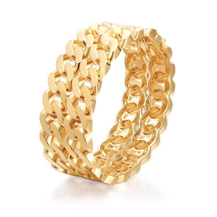 Bracciale rigido dorato in lega geometrico largo con design a molla a onda irregolare