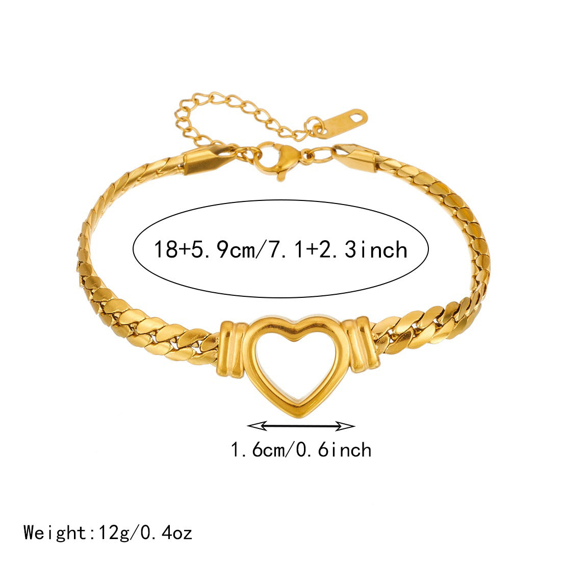 Vintage Elegant Heart Gold Plated Stainless Steel Rope Chain Bracelet for Women