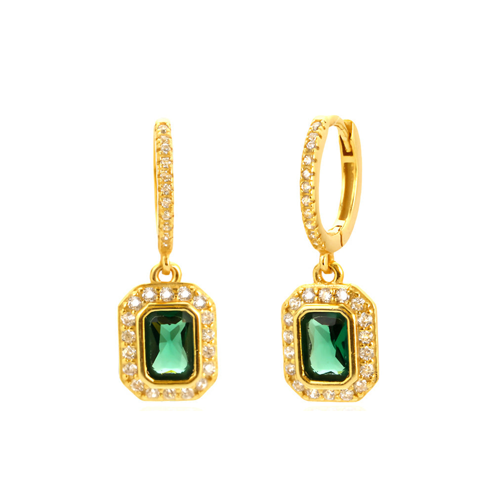 Minimalist Geometric S925 Sterling Silver Stud Earrings with Emerald Green Rhinestones for Women