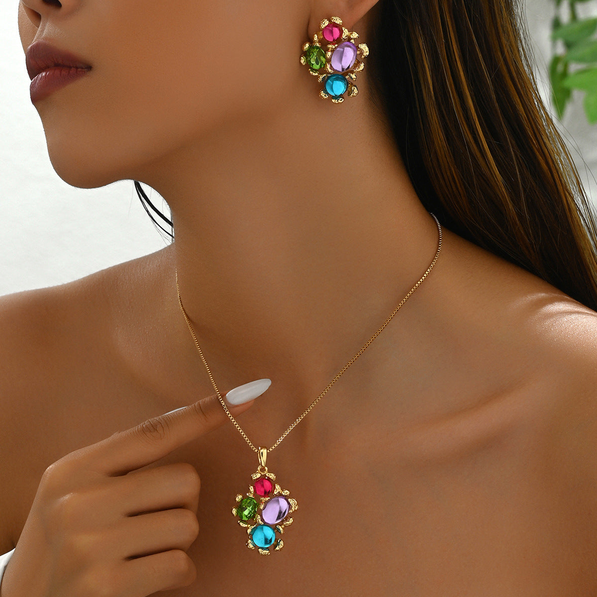 Set collana lunga e orecchini da donna minimalisti con pendente geometrico, catena in rame, pietre artificiali intarsiate