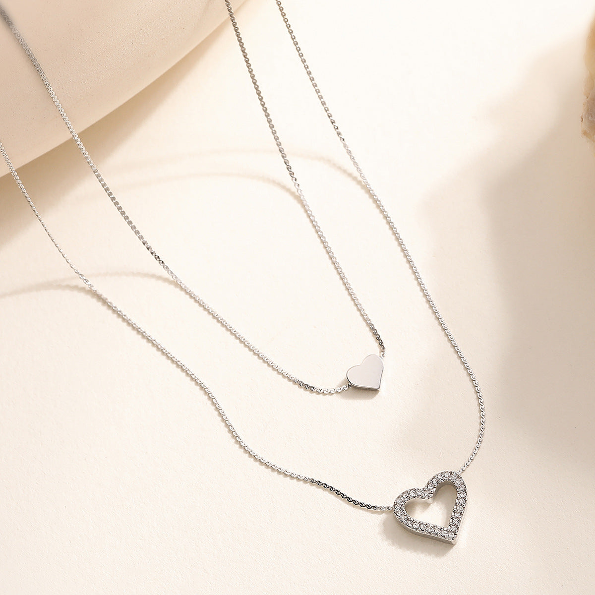 Minimalist Double Layer Heart Geometric Stainless Steel PVD Cubic Zirconia Necklace for Women