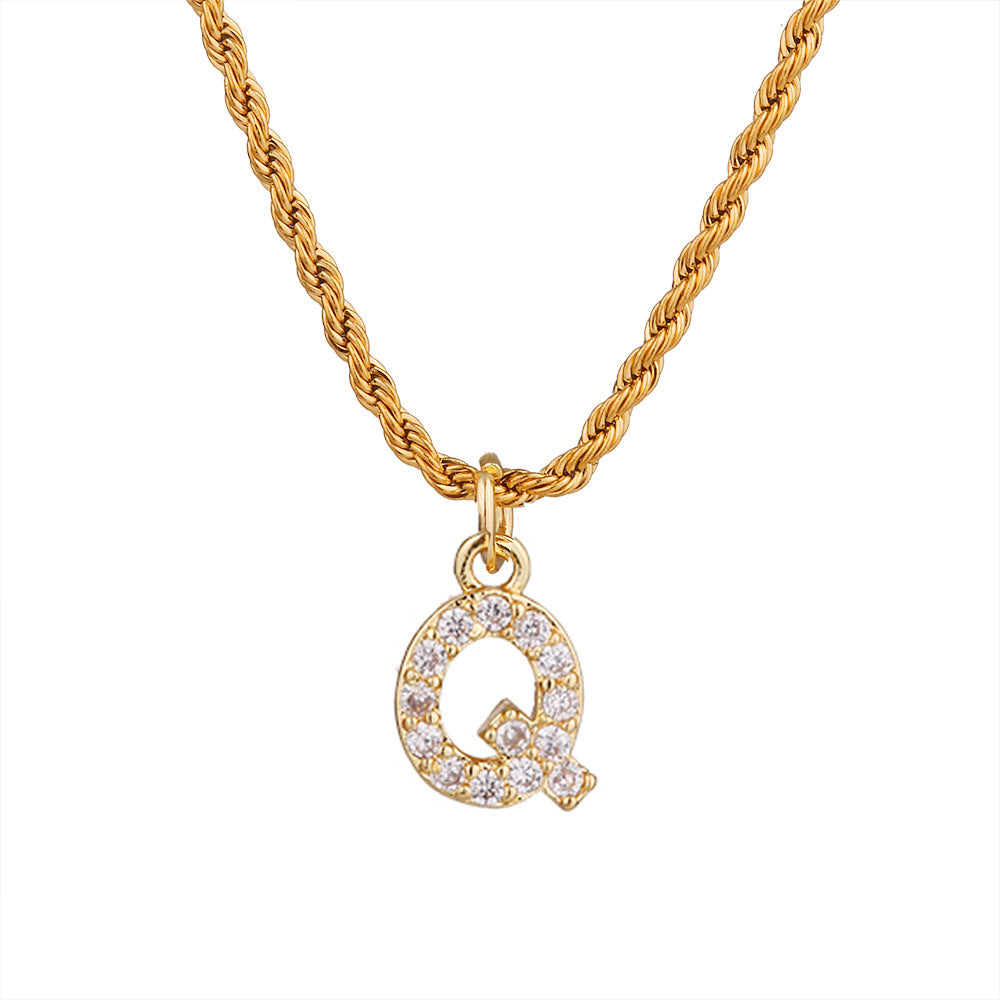 Collar con colgante de letra para mujer, minimalista, de moda, cadena trenzada de acero inoxidable con baño de oro e incrustaciones de circonita