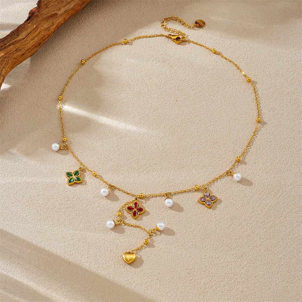 Chic Casual Colorful Floral Rhinestone Pearl Inlay Geometric Pendant Stainless Steel Y-Chain Necklace for Women