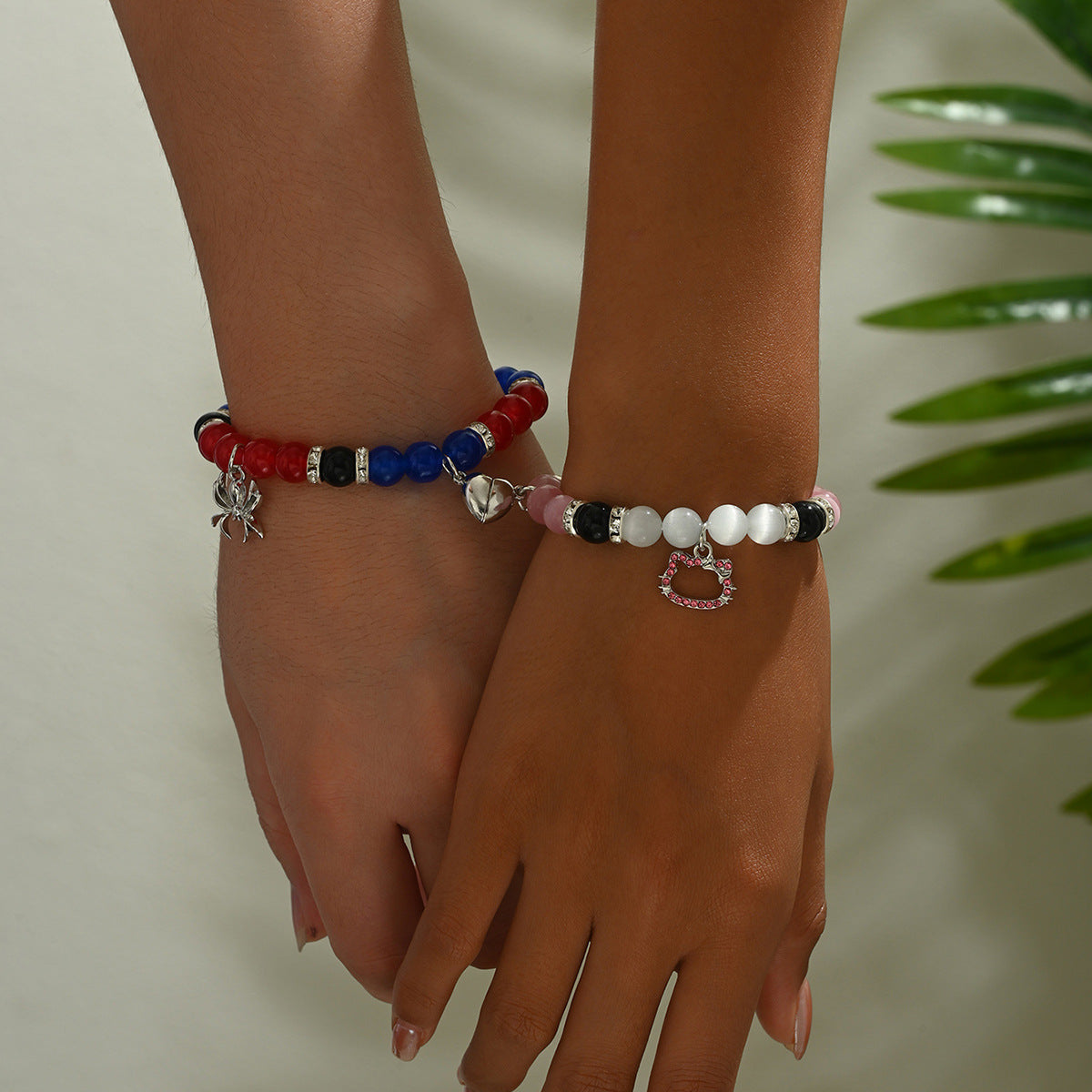 Set di bracciali a forma di gatto con strass e cuore, in vetro, accessorio di moda per uomo e donna