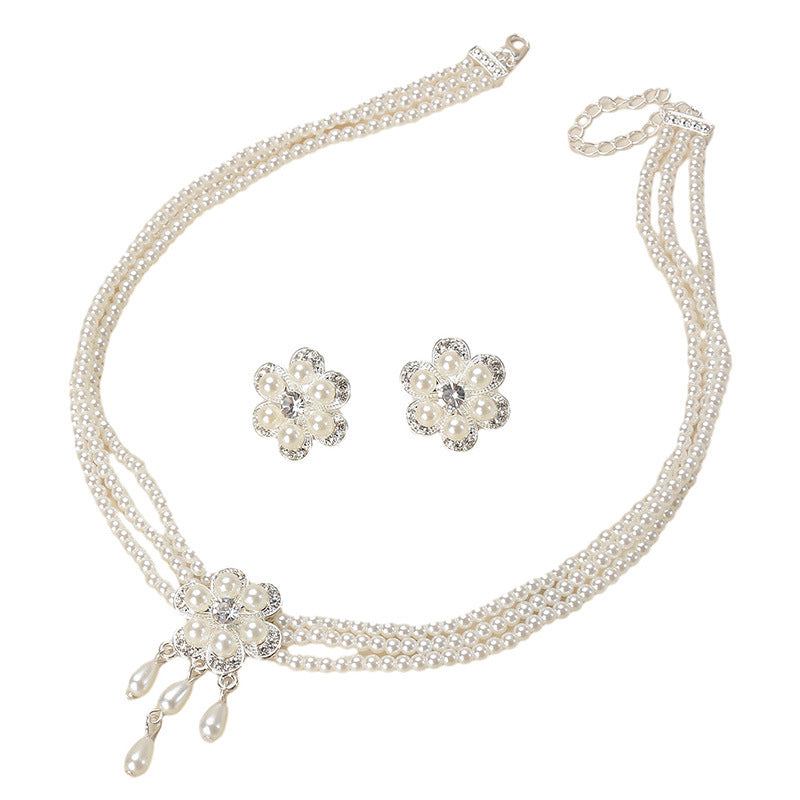 Sweet Floral Polka Dot Rhinestone Inlaid Alloy Pearl Ball Chain Necklace Earring Set for Women