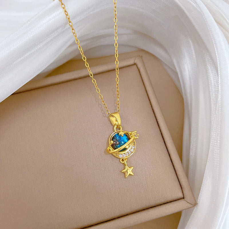 Geometric Moon Galaxy Starry Sky Stainless Steel Necklace for Women with Full Rhinestone Accents and Delicate Clavicle Chain