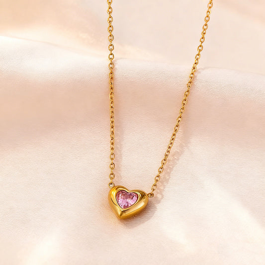 Juego de collar y pendientes de acero inoxidable chapado con circonita cúbica en forma de corazón, elegante y minimalista para mujer