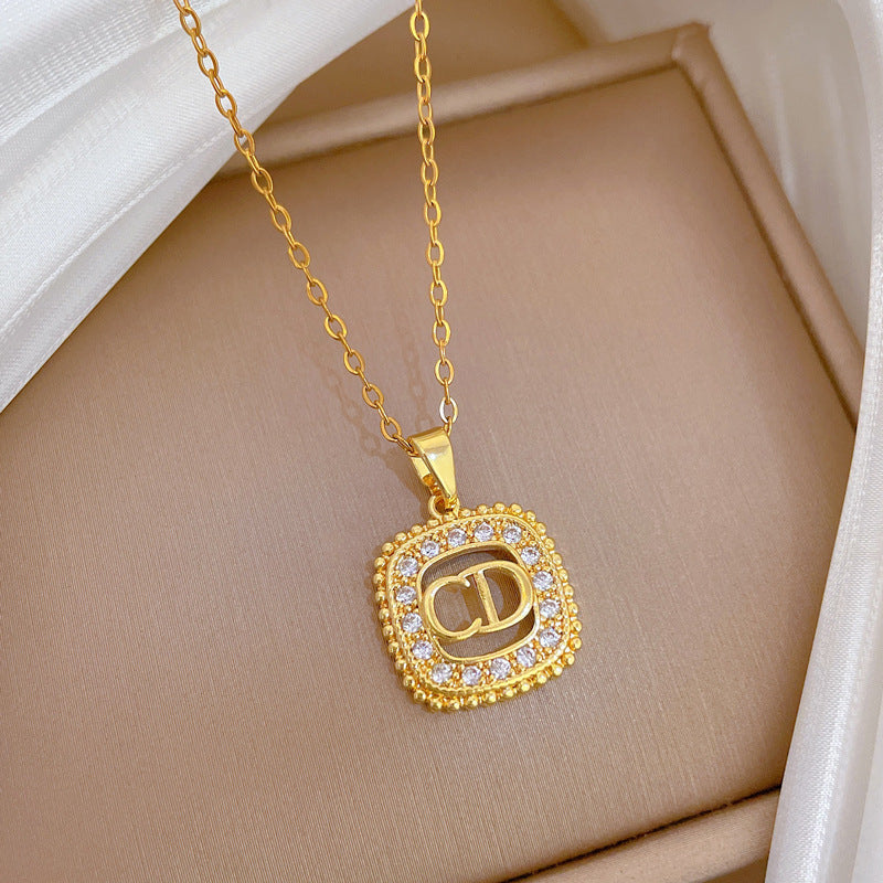Sweet Square Letter Rhinestone Titanium Steel Necklace Unisex Cable Chain