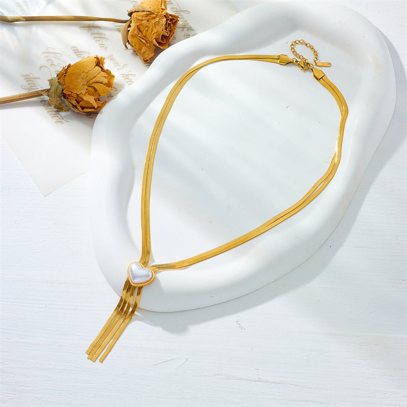 Vintage Fashion Pearl and Heart Pendant Titanium Steel Plated Multi-Layer Necklace with Fringe Detail and Blade Chain