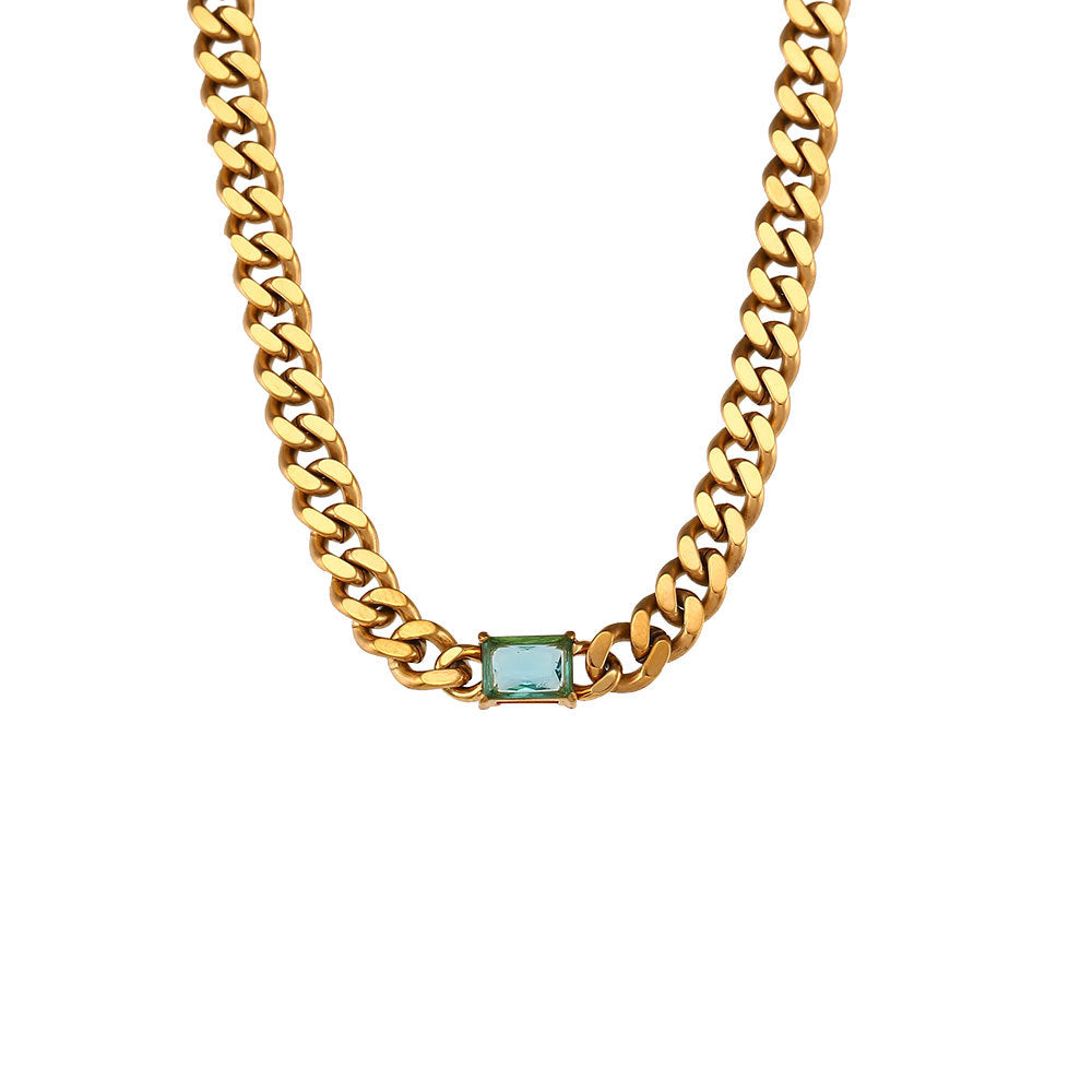 Collana Minimalista Rettangolare con Zirconi su Catena Cubana in Acciaio Inossidabile per Donne