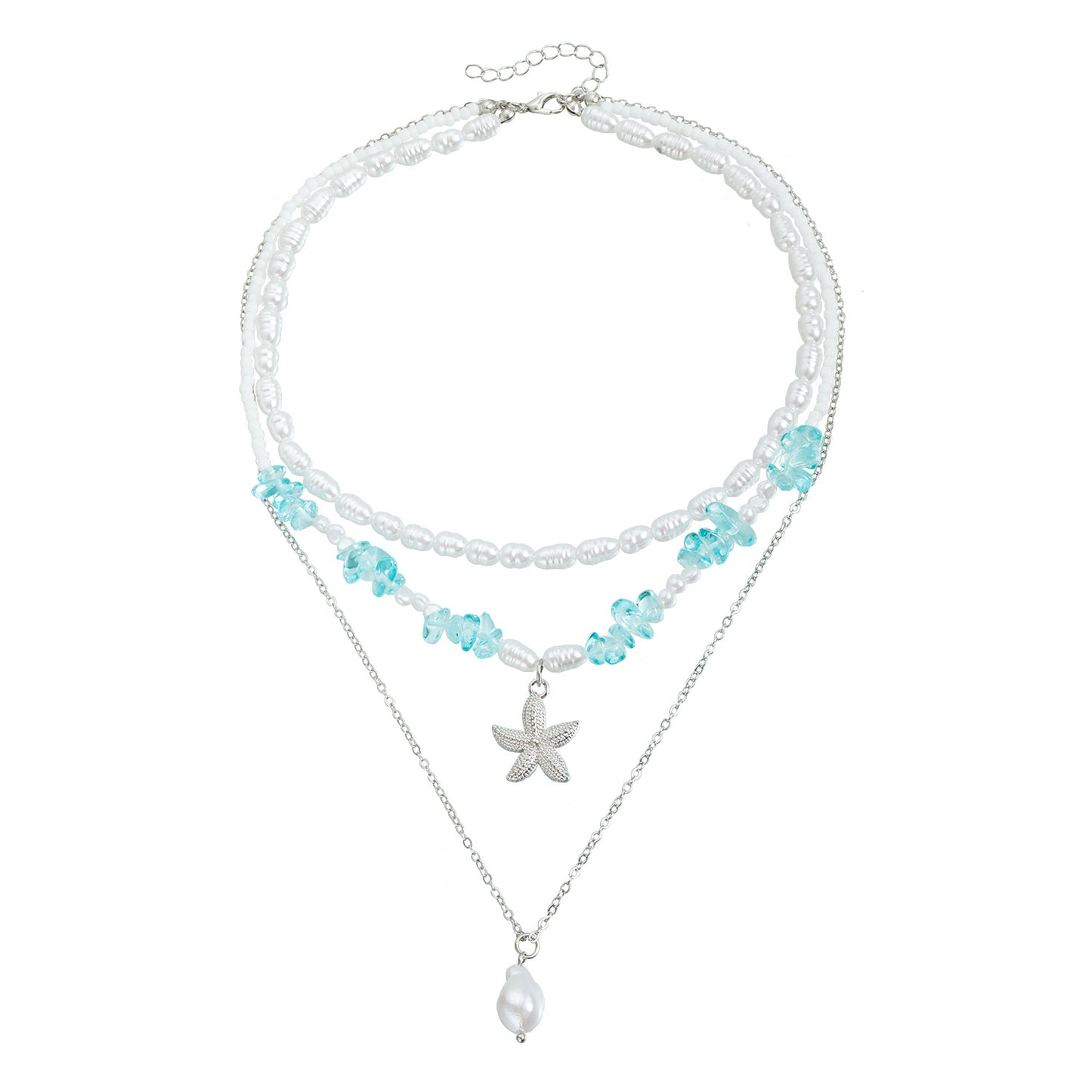 Sweet Streetwear Geometric Starfish Alloy Necklace with Crystal and Imitation Pearl Plated Finish Multi-layer Cable Chain for Women