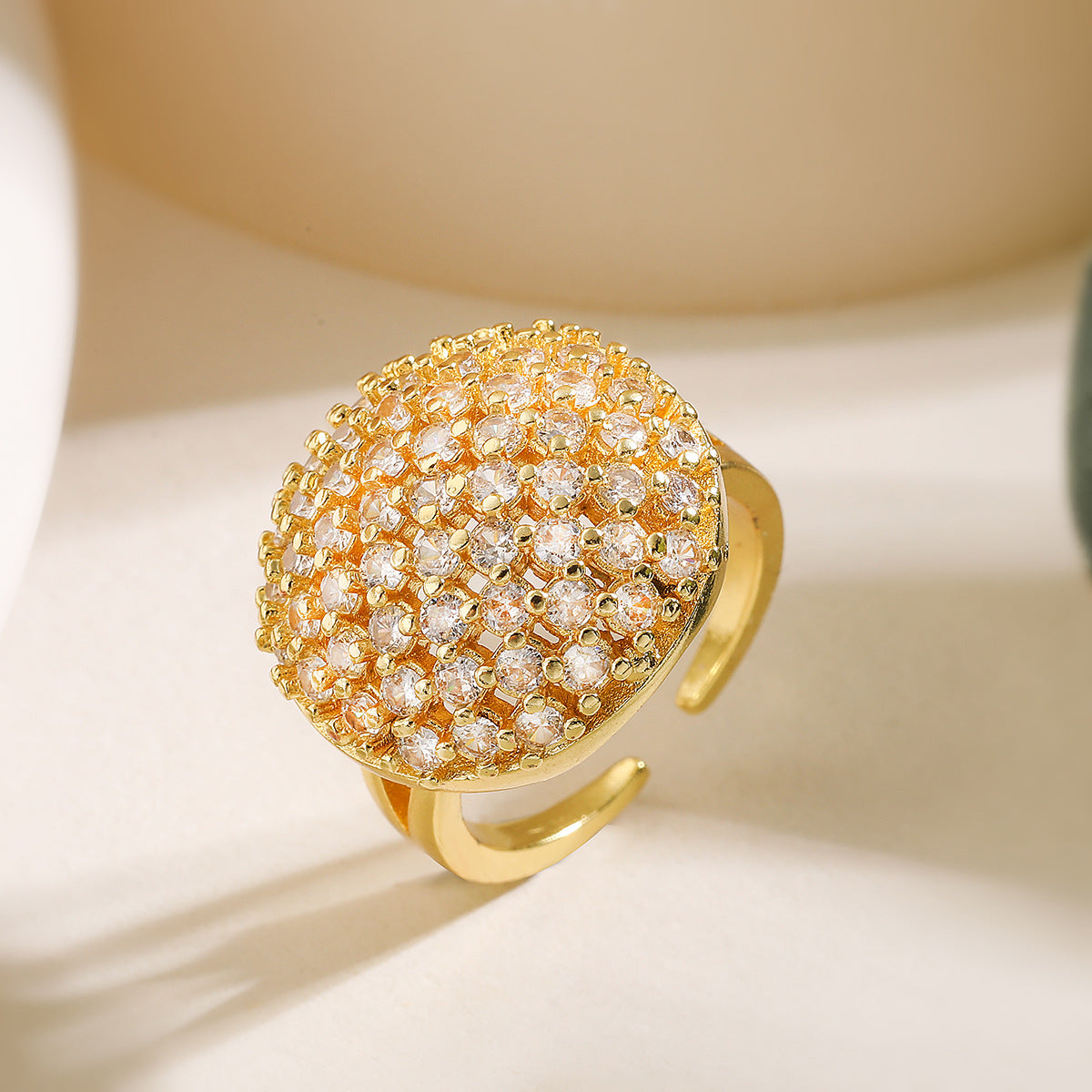 Geometric Open Ring for Women in Copper with 18K Gold Plating and Zircon Inlay, Fashionable Minimalist Statement Band