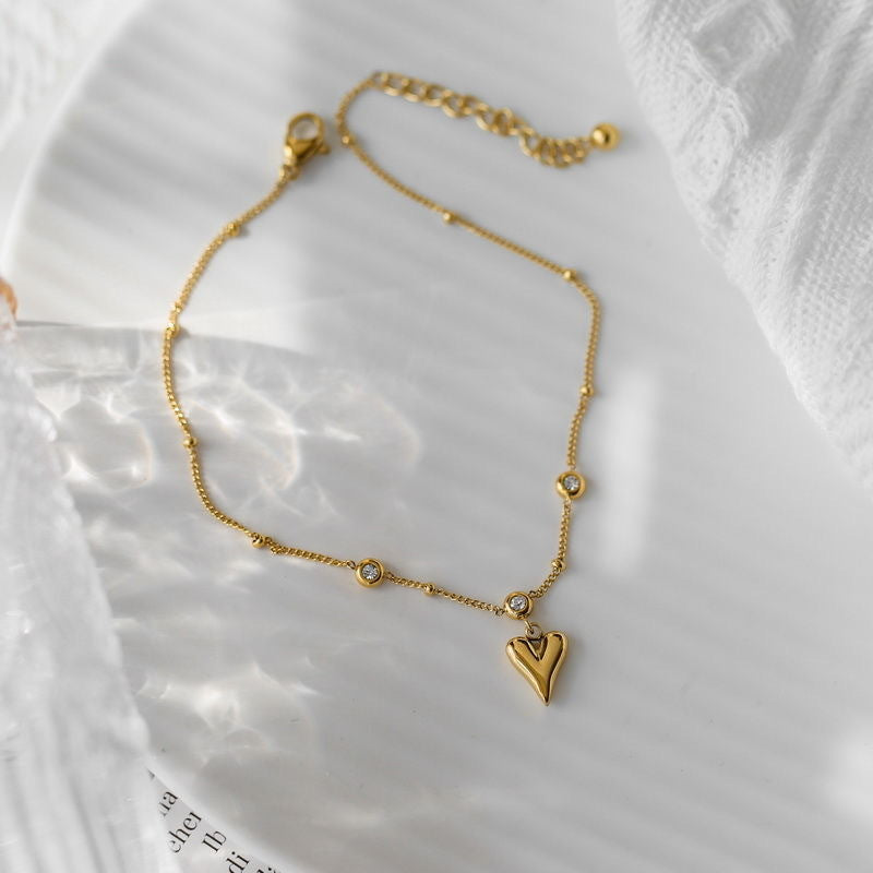 18K Gold Plated Heart Shape Titanium Steel Anklet with Crystal Zircon for Women