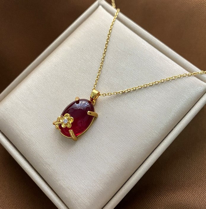 Elegant Oval Floral Ruby Pendant Necklace in Titanium Steel with O-Chain for Unisex Wear