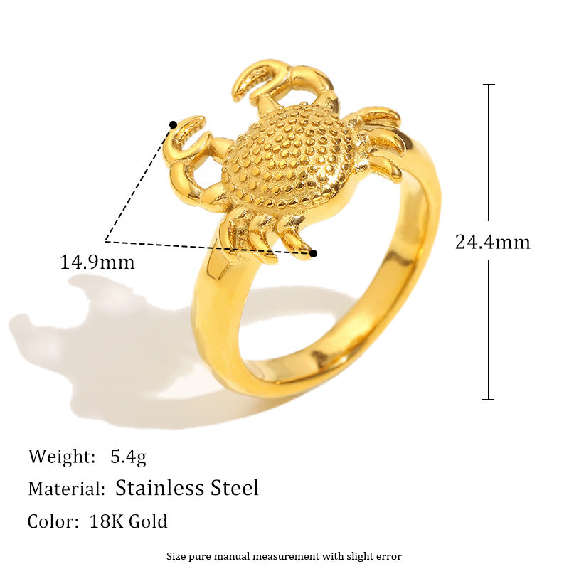 Bold Personality Style Crab-Shaped Stainless Steel Ring with 18K Gold Plating for Women
