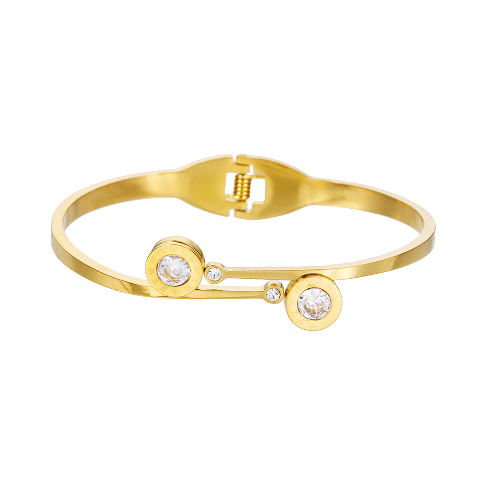 Geometric Round Rhinestone Inlaid Plated Titanium Steel Open Cuff Bracelet