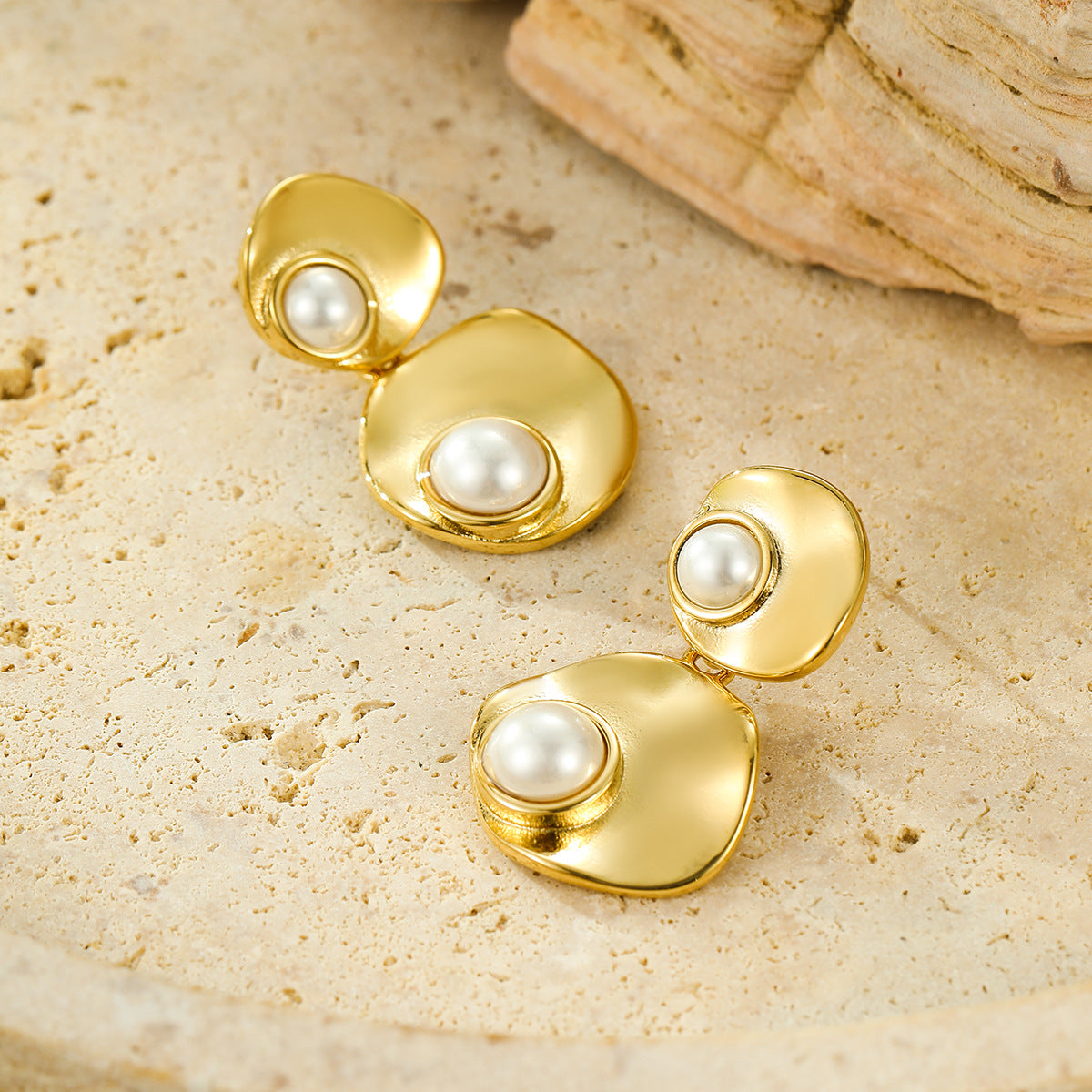 Geometric Stainless Steel Round Pearl-Inlaid Dangle Stud Earrings with Tassels for Women
