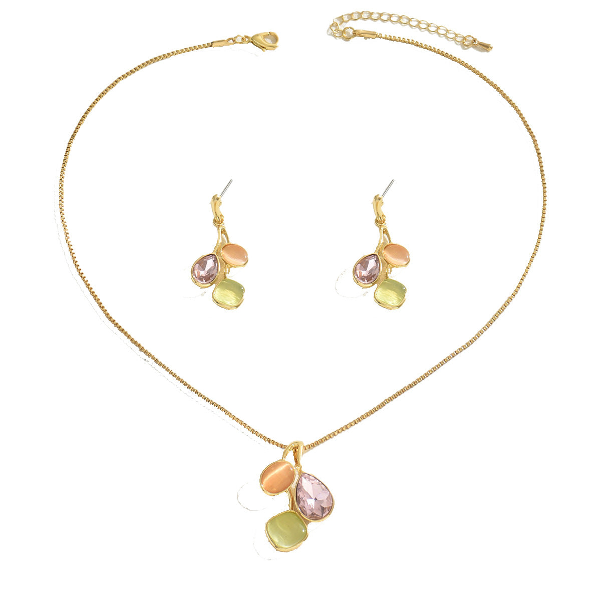 Conjunto de Collar y Pendientes de Mujer de Estilo Académico Minimalista Inspirado en el Bosque con Colgante Geométrico, Incrustaciones de Circones, Cadena y Aretes de Cobre