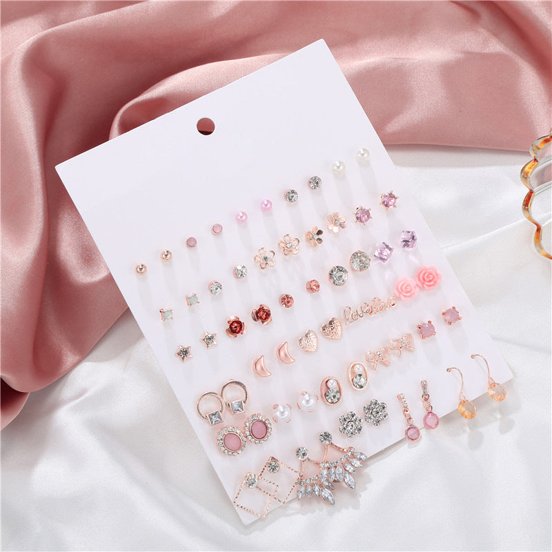 Sweet Geometric Heart Bow Floral Rhinestone Pearl Inlay Stainless Steel Earrings Set