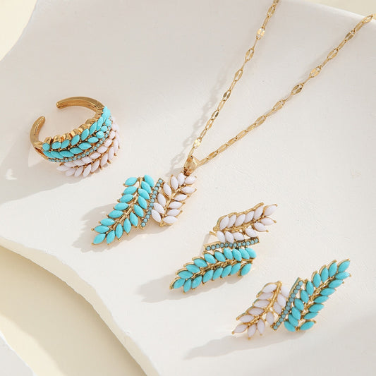 Conjunto de collar, pendientes y pulsera de resina con colgante de espiga de trigo vintage para mujer, a la moda para ir al trabajo