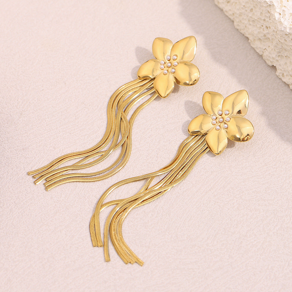 Orecchini Eleganti Floreali in Acciaio Inossidabile con Placcatura in Oro 18K e Design a Lunga Nappa Pendente da Donna