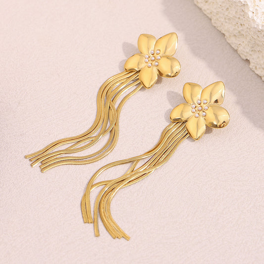 Elegantes Pendientes Florales de Acero Inoxidable con Baño de Oro de 18K y Borla Larga Colgante para Mujer