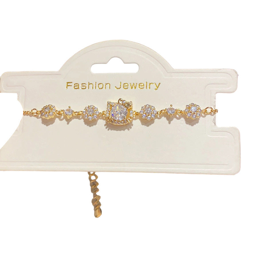 18K Gold Plated Cubic Zirconia Cat Animal Brass Bracelet Vintage Luxury Elegant Women's Jewelry