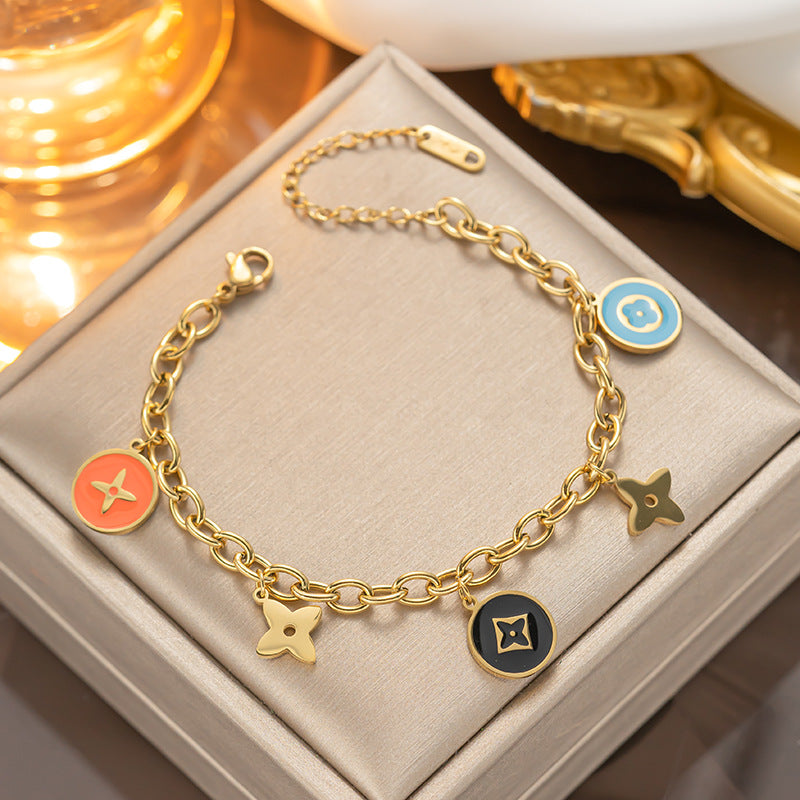 Luxury Four-Leaf Clover Titanium Steel Bracelet with Enamel Finish for Women
