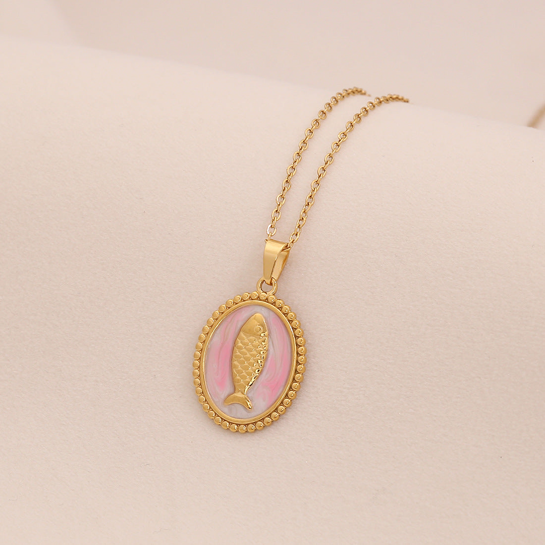Vintage Fish-Shaped Enamel Stainless Steel Pendant Necklace with O-Chain for Women