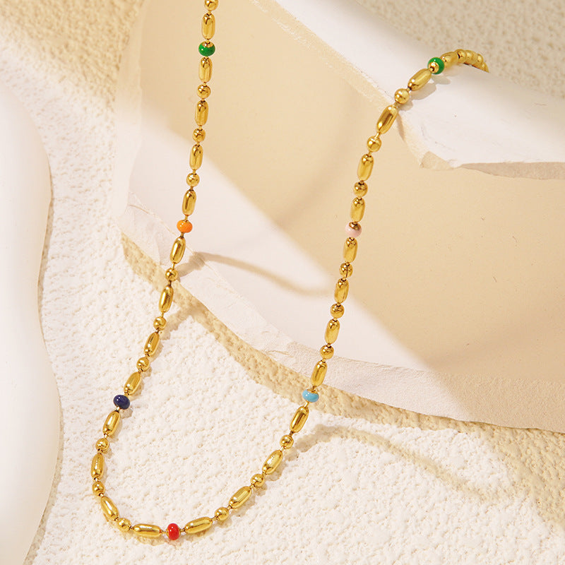 Minimalist Elegant 18K Gold Plated Stainless Steel Titanium Steel Geometric Round Seed Bead Necklace Bracelet Set