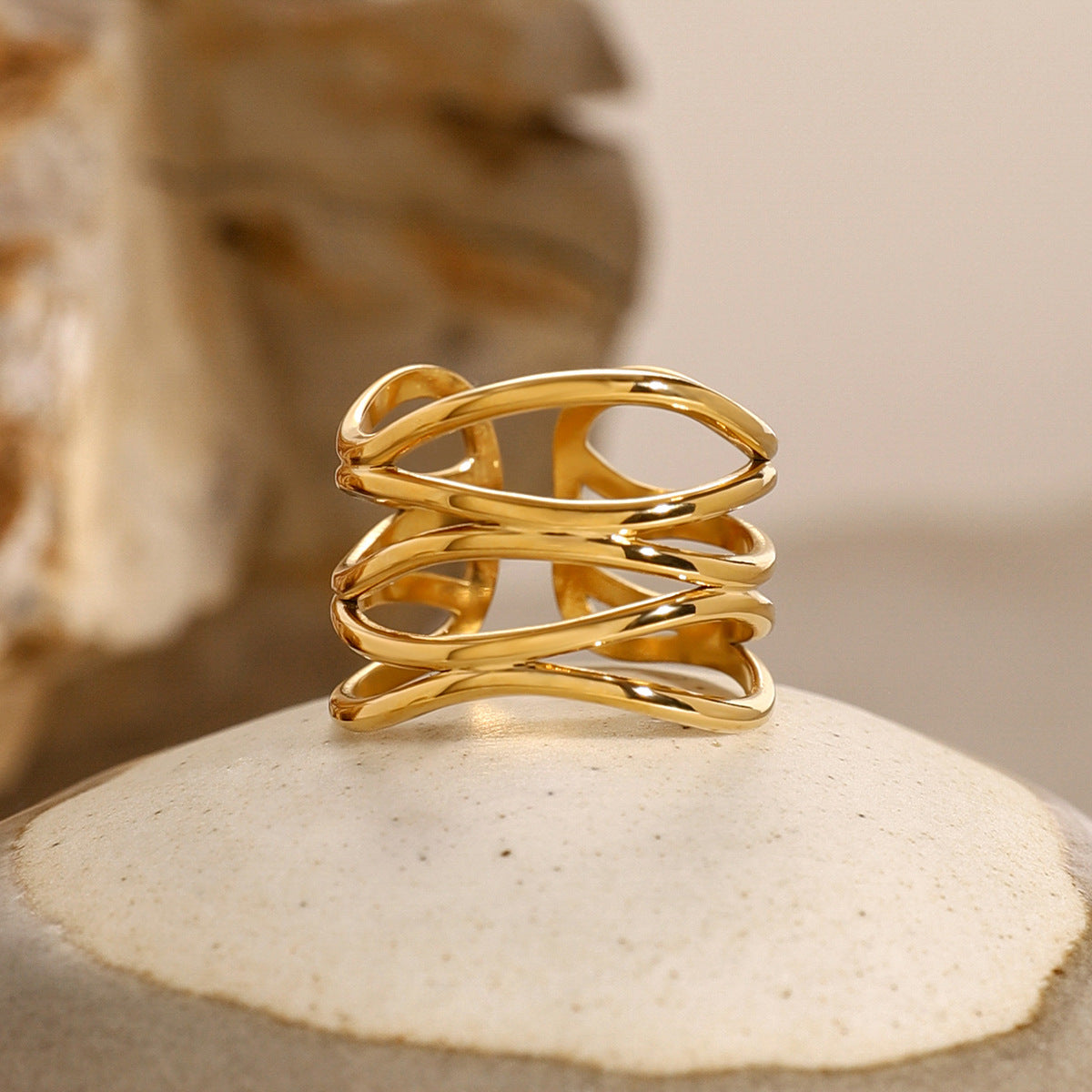 18K Gold Plated Geometric Stainless Steel Ring for Women