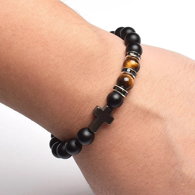 Vintage Cross Matte Stone Tiger's Eye Beaded Stretch Bracelet Unisex Geometric Handmade Jewelry
