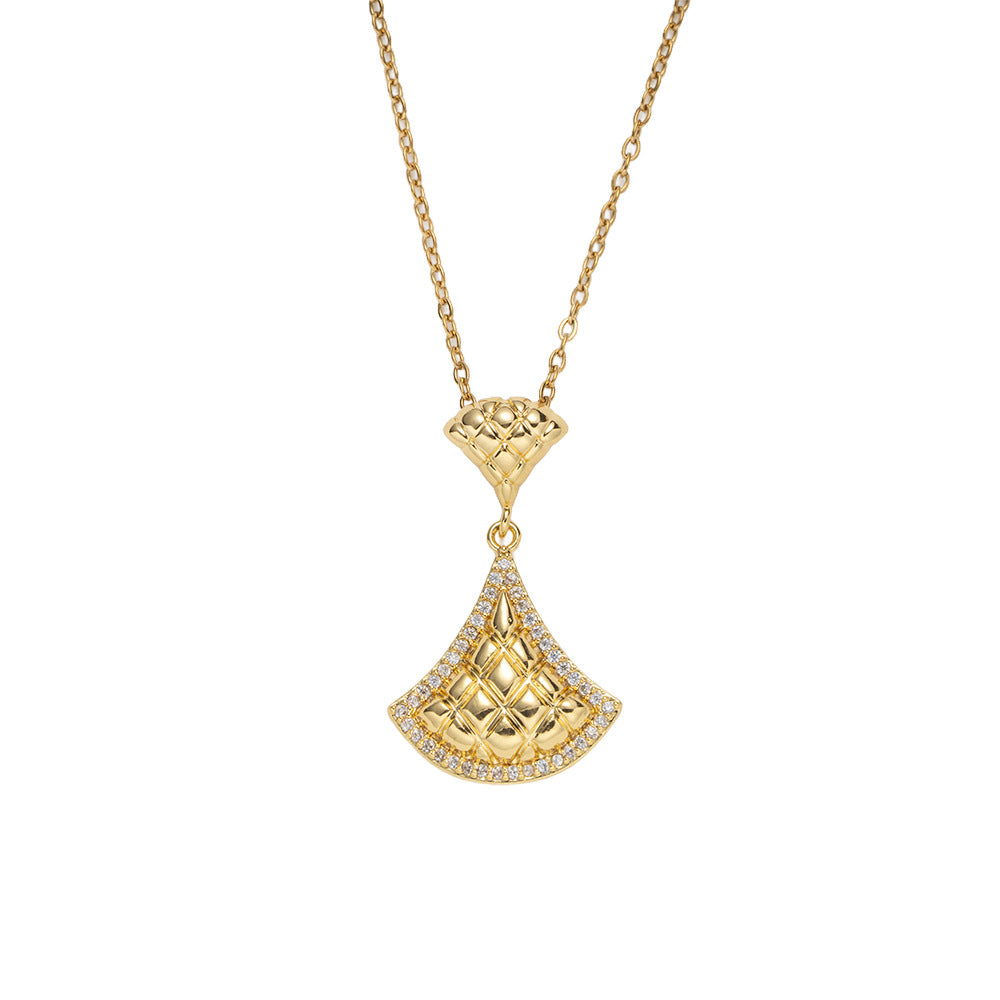 Light Luxury Fan-Shaped Skirt Pendant Necklace with Rhinestone Inlay, Titanium Steel Cross Chain
