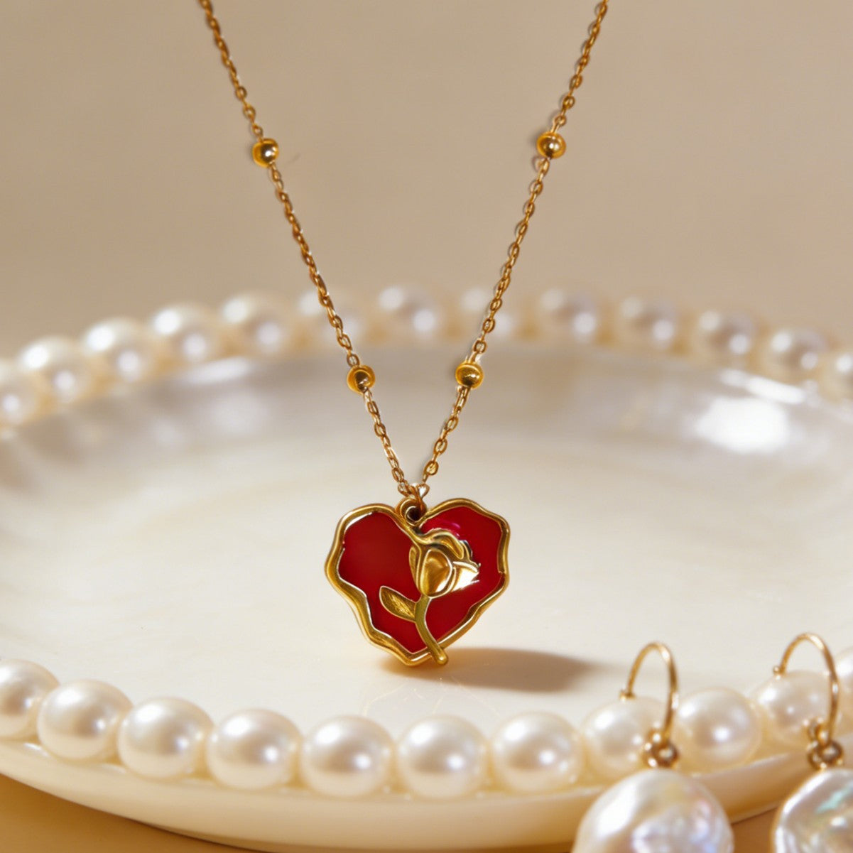 Vintage Sweet Heart Floral Drip Oil Plated Stainless Steel Necklace