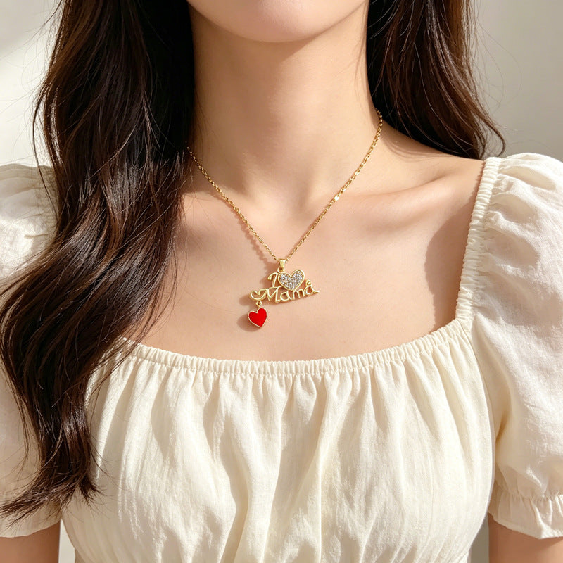 Sweet Drip Oil Heart Rhinestone Titanium Steel Necklace with Cable Chain