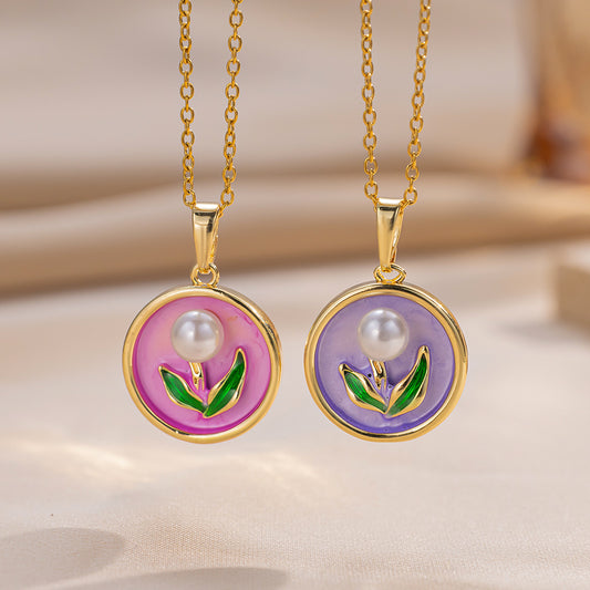 Elegant French Vintage Style Enamel Floral Pendant Necklace with Titanium Steel Chain and Tulip Rose Motif