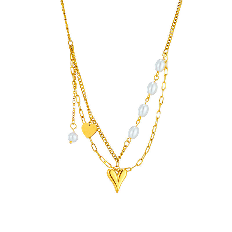 Irregular Chain Pearl Heart Pendant Stainless Steel Double Layer Necklace for Women