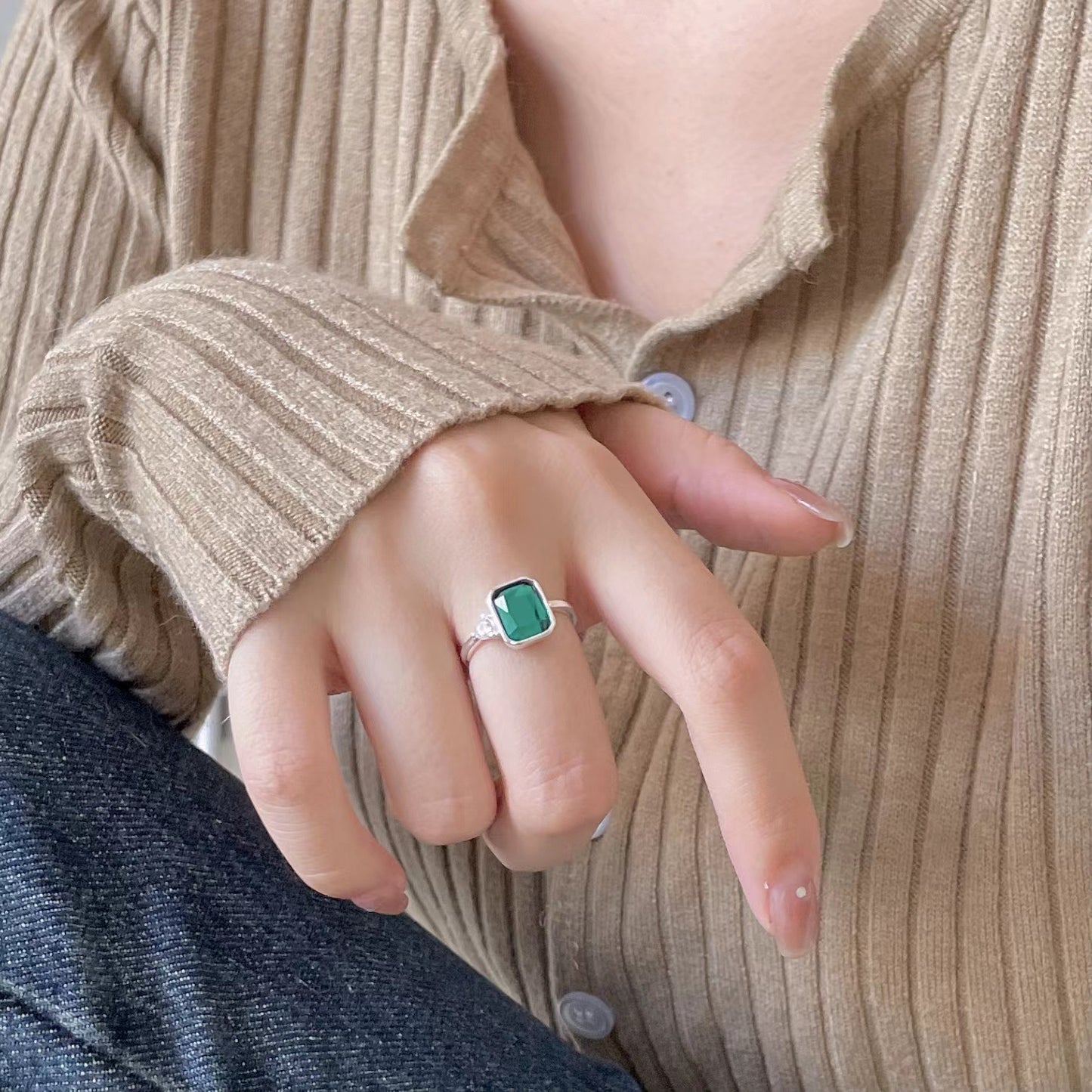 Minimalist 925 Sterling Silver Rectangle Ring with Green Gemstone Plated Finish for Women
