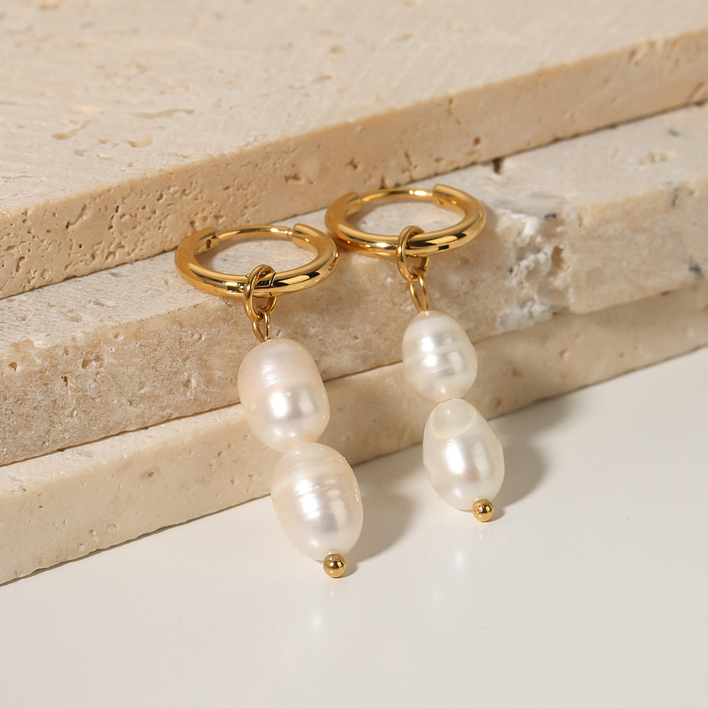 Vintage Baroque-Style Geometric Stainless Steel Earrings with Freshwater Pearl Accents for Women
