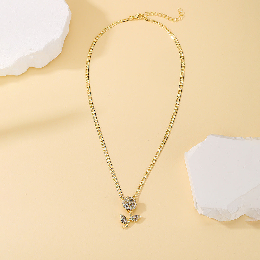 Elegant Rose Flower Pendant Necklace for Women in Copper with 18K Gold Plating and Zircon Inlay, Geometric Design