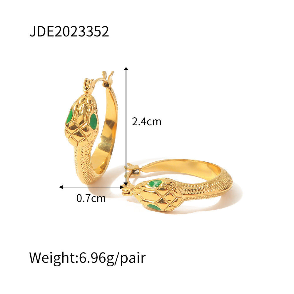 Geometric Snake-Shaped Stainless Steel Earrings for Women with Green Crystal Eyes, Hypoallergenic and Fade-Resistant