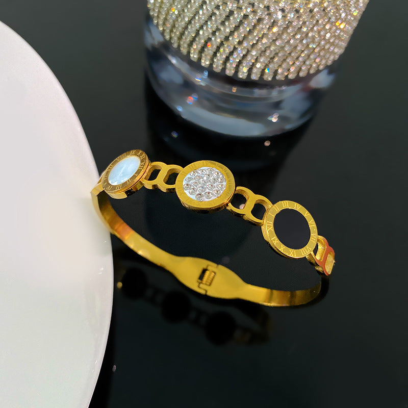 Minimalist Vintage Roman Number Micro-Paved Cubic Zirconia Titanium Steel Bracelet PVD Plated